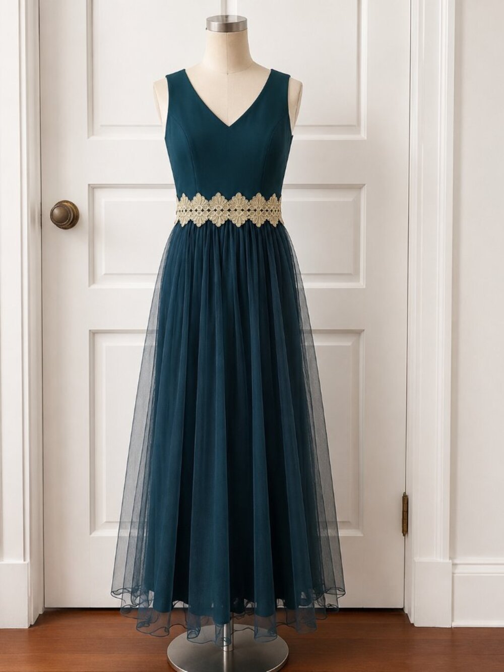 Girls Teal Tulle Formal Dress with Lace Waist - Youth Size 10